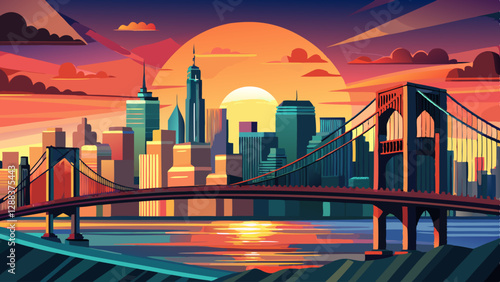New York City - sunset over manhattan and brooklyn bridge