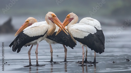 Three Painted Storks in a serene wetland environment, exhibiting their elegant plumage and peaceful demeanor.