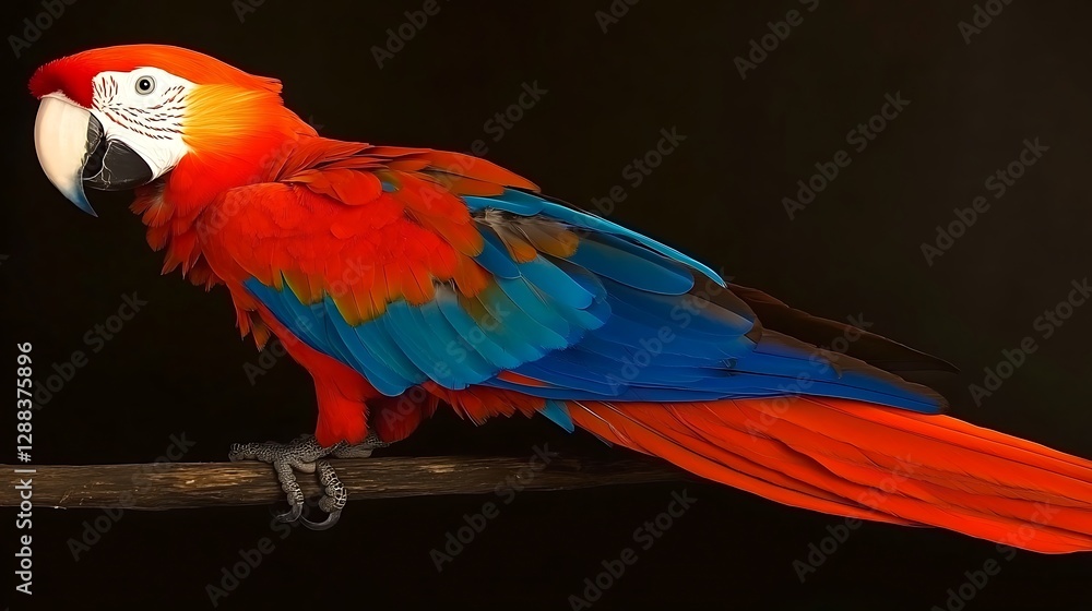Obraz premium A vibrant Scarlet Macaw perched on a branch, showcasing its striking red, blue, and orange plumage against a dark background.