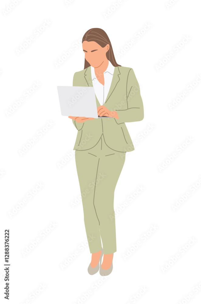 Business woman working at laptop. Pretty girl wearing formal office outfit standing and looking at computer. Vector realistic illustration isolated Business woman working at laptop. Pretty girl wearing formal office outfit standing and looking at computer. Vector realistic illustration isolated