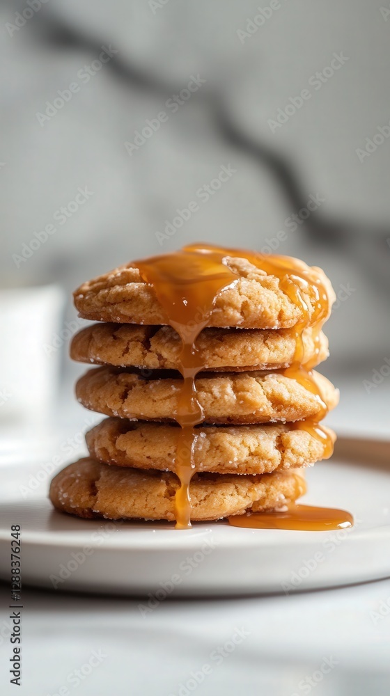 stacked cookies with a glossy caramel drizzle over each layer, set against a clean white plate and soft natural lighting. stacked cookies with a glossy caramel drizzle over each layer, set against a clean white plate and soft natural lighting.