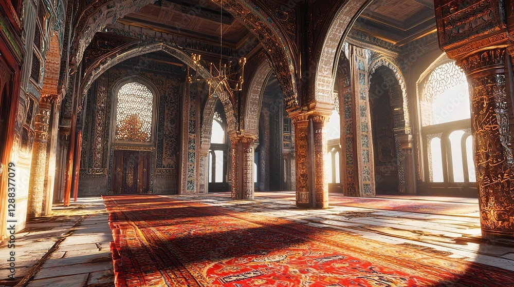 Obraz premium Breathtaking Interior of a Grand Mosque with Ornate Arches, Luxurious Red Carpets, and Sunlight Streaming Through Majestic Windows, Creating a Spiritual and Tranquil Atmosphere for Ramadan Prayers