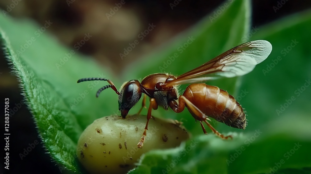 A reddish-brown wasp perched on a green berry, captured in a detailed macro photograph. A reddish-brown wasp perched on a green berry, captured in a detailed macro photograph.