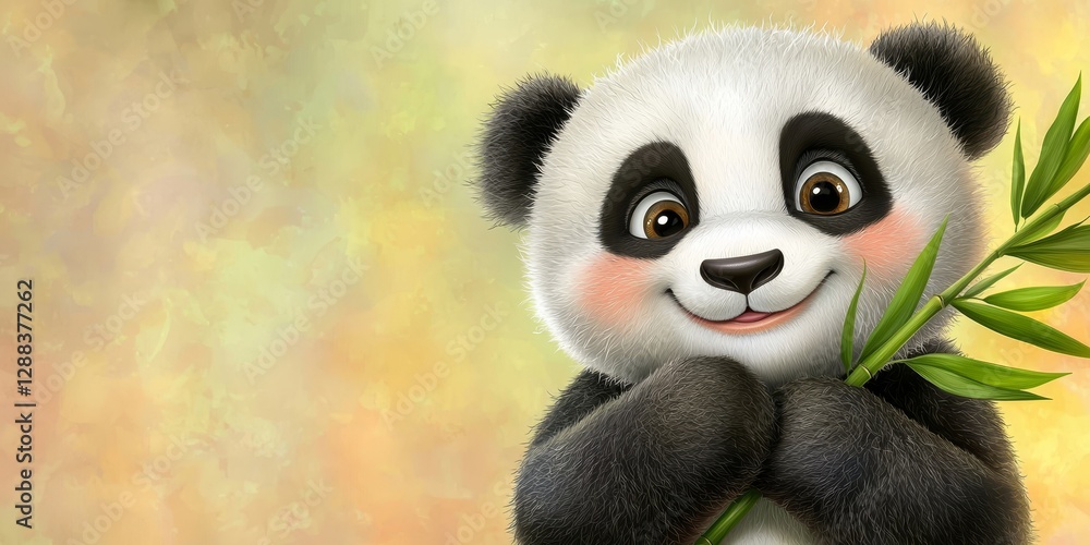 A cute cartoon panda holding bamboo, displaying a joyful expression against a soft, colorful background. A cute cartoon panda holding bamboo, displaying a joyful expression against a soft, colorful background.