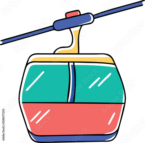 Retro Vintage Ski Resort Cable Car Icon – Minimalist Winter Transport Doodle Vector | Colorful Offset Illustration for Travel, Snowboarding, Mountain Adventure & Tourism Design
