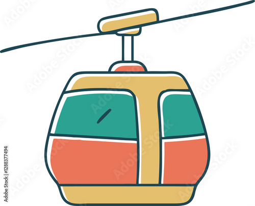 Retro Vintage Ski Resort Cable Car Icon – Minimalist Winter Transport Doodle Vector | Colorful Offset Illustration for Travel, Snowboarding, Mountain Adventure & Tourism Design