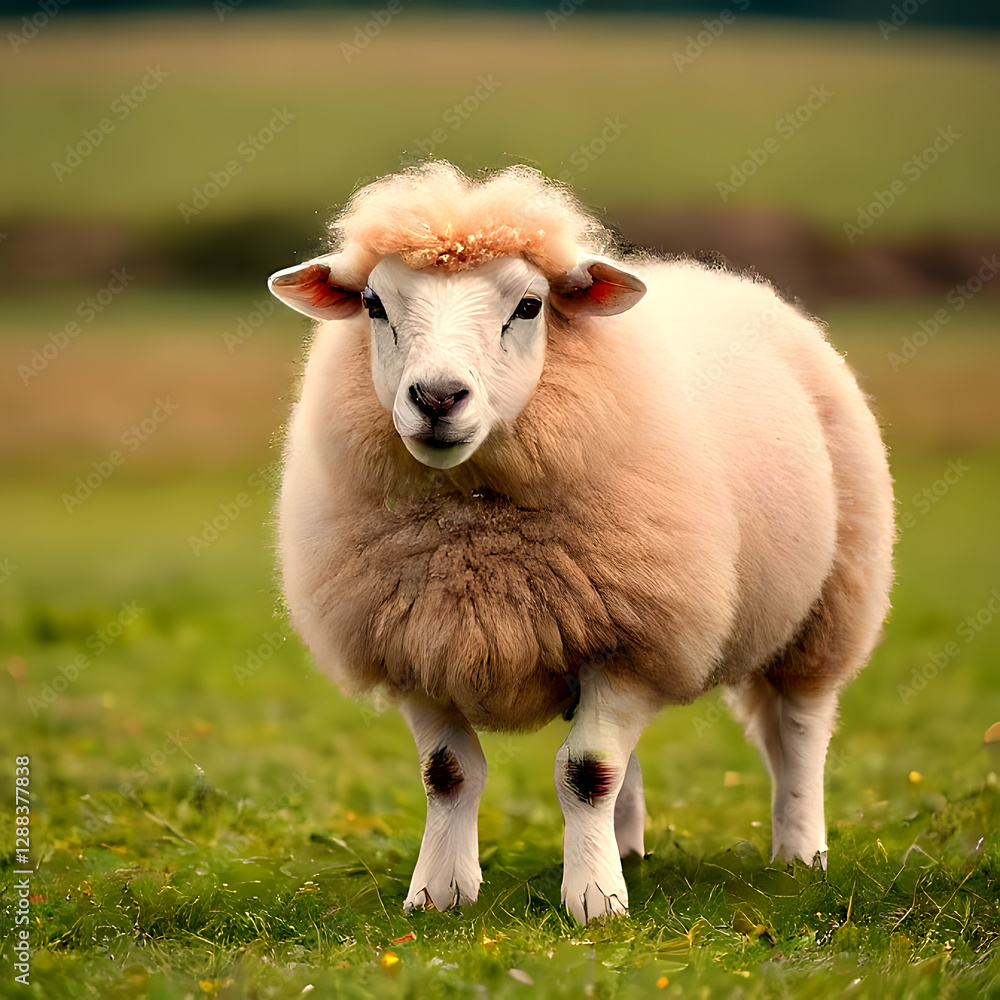 Fototapeta premium Sheep – A white woolly sheep against a soft green meadow background Generative AI