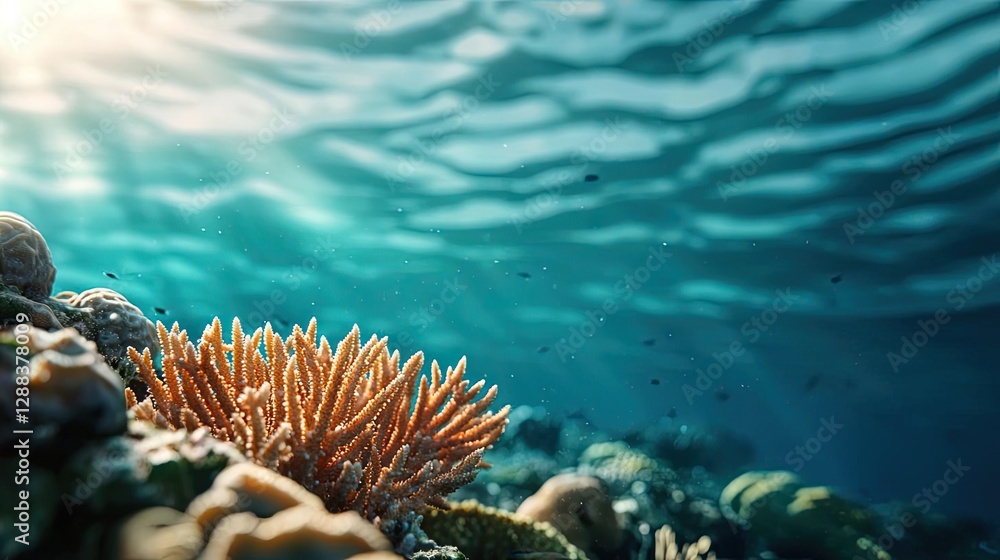 Obraz premium Ocean acidification idea. Underwater coral scene illuminated by sunlight, showcasing marine life and ecosystems.