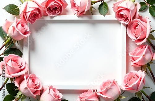 White empty frame with a place for text with pink rose buds in a circle. International Women's Day. Mother's Day. Valentine's Day