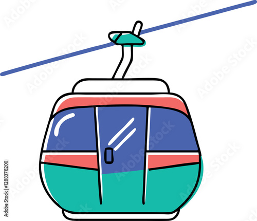 Retro Vintage Ski Resort Cable Car Icon – Minimalist Winter Transport Doodle Vector | Colorful Offset Illustration for Travel, Snowboarding, Mountain Adventure & Tourism Design