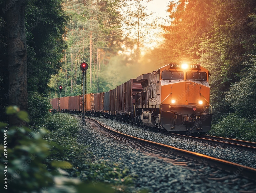 Fototapeta premium Freight Train Journey Through Lush Forest at Golden Hour Sunset Scenery