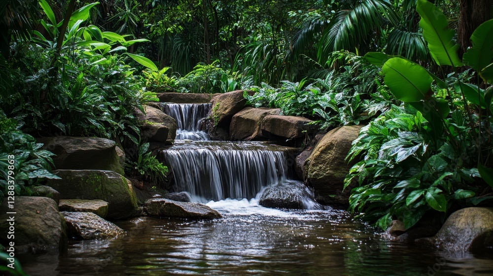 Naklejka premium A serene jungle scene featuring a gently flowing stream meandering through rugged rock formations. Lush green foliage and dense vegetation frame the cascading waters, creating a peaceful and untouched