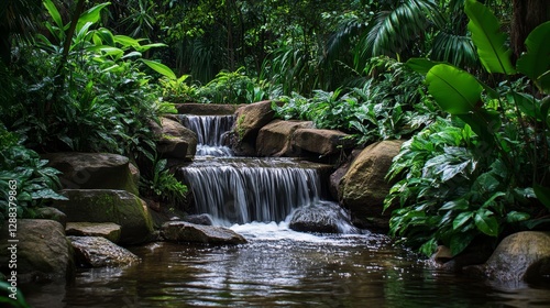 A serene jungle scene featuring a gently flowing stream meandering through rugged rock formations. Lush green foliage and dense vegetation frame the cascading waters, creating a peaceful and untouched