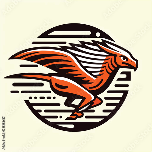Dynamic Orange Griffin or Dragon Mascot in Speed Lines Circle Fierce Creature Illustration for Sport Teams Gaming Fantasy