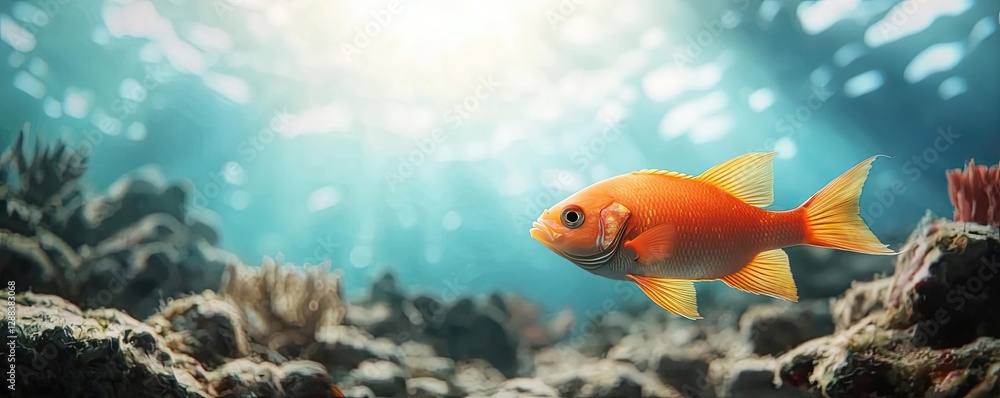 Fototapeta premium Ocean acidification idea. A vibrant goldfish swimming gracefully through a colorful underwater environment.