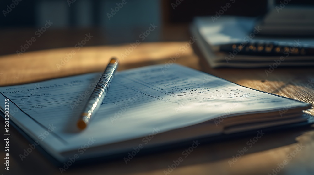 Open Notebook with Pen on Wooden Desk Surface for Planning Work Open Notebook with Pen on Wooden Desk Surface for Planning Work