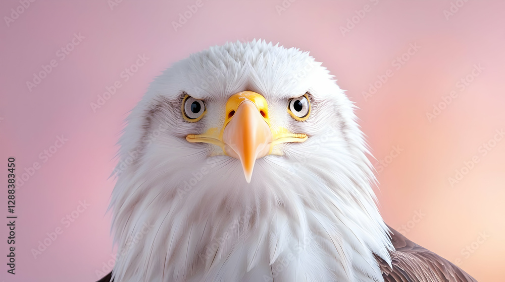 Bald eagle portrait, intense gaze, pink background, wildlife photography, for conservation awareness Bald eagle portrait, intense gaze, pink background, wildlife photography, for conservation awareness