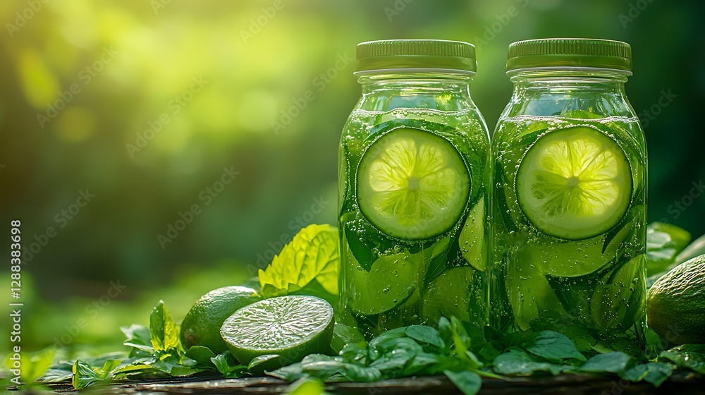 Refreshing lime drink bottles, green garden setting, natural light Refreshing lime drink bottles, green garden setting, natural light