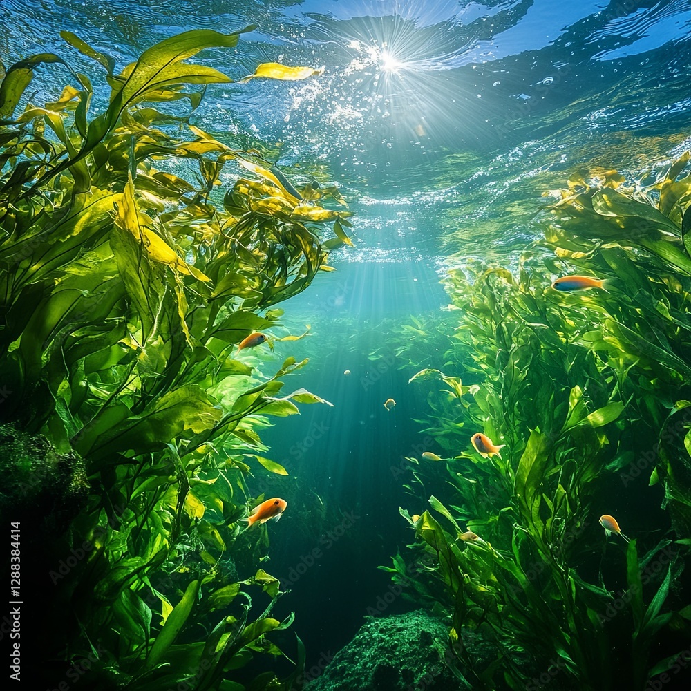 Fototapeta premium Green seaweed with fish, natural underwater seascape in the Atlantic ocean, Spain, Galicia, Rias Baixas