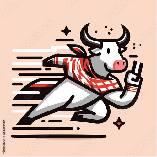 Fast Running Bull Character with Red Bandana Vector Illustration