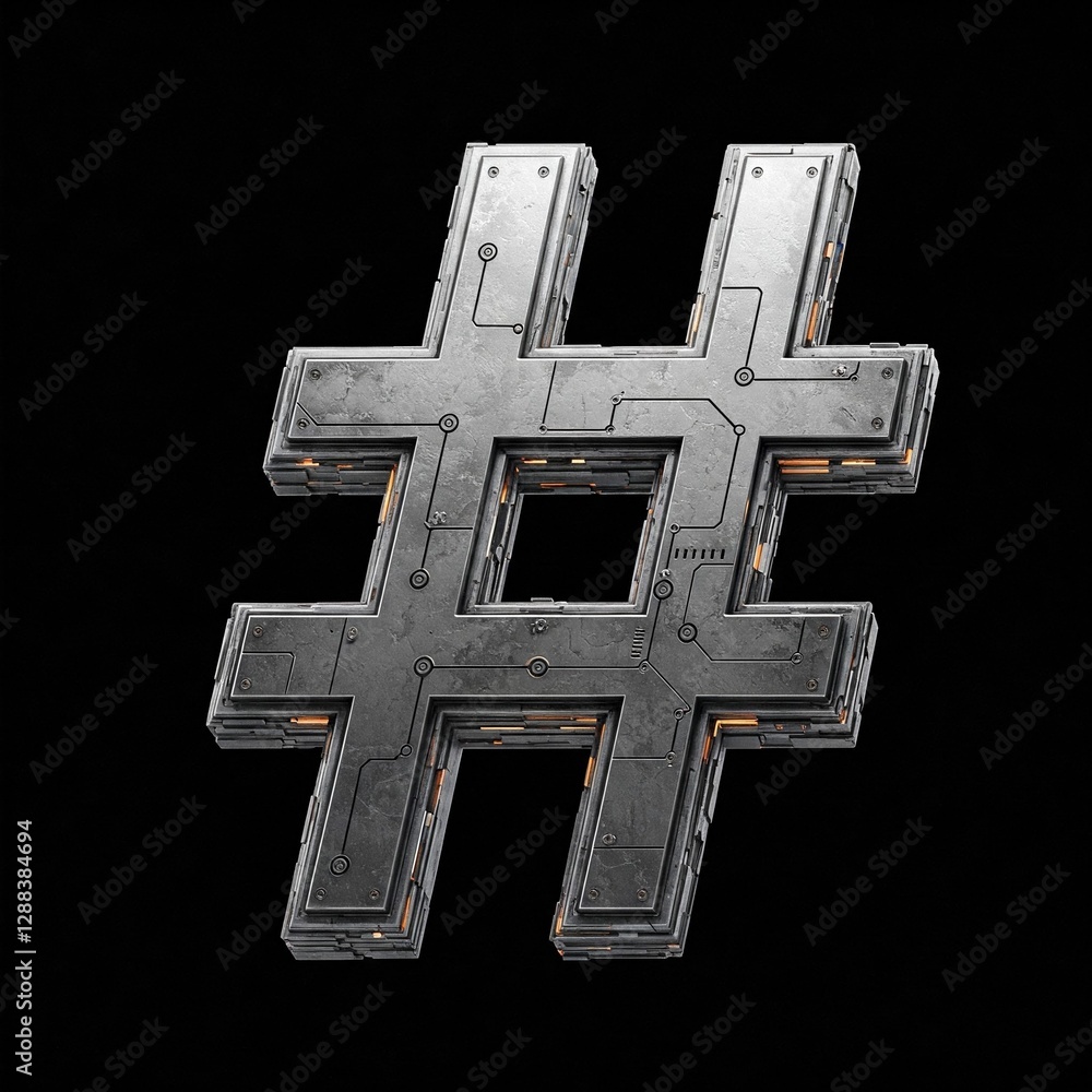 Obraz premium Futuristic 3D Hashtag: A Cyberpunk Symbol of Connectivity.
