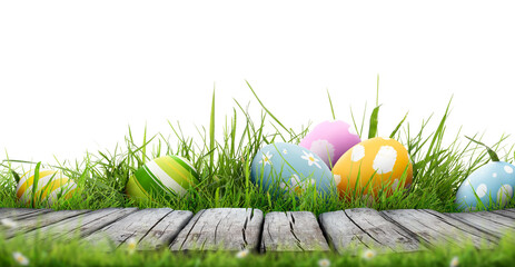 A template of six painted easter eggs celebrating a Happy Easter with a rustic wooden bench & green meadow grass to place products in front of with a transparent background