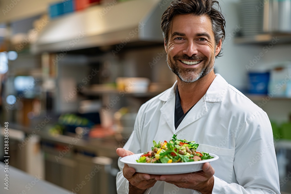 A skilled chef smiles while holding a vibrant salad in a lively kitchen environment, showcasing culinary expertise and fresh produce A skilled chef smiles while holding a vibrant salad in a lively kitchen environment, showcasing culinary expertise and fresh produce