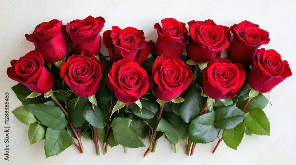 Obraz premium Romantic bouquet of deep red roses arranged on a creamy white background, top view