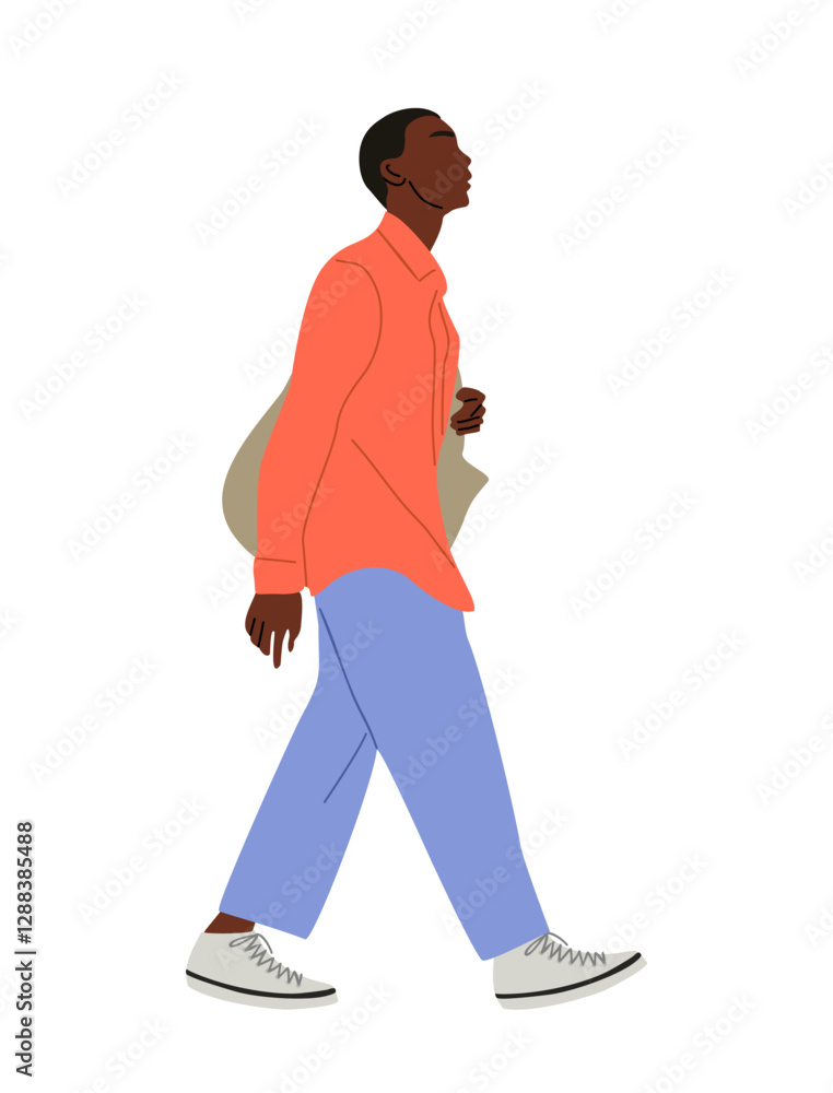 Black man walking side view. African american man in smart casual outfit. Stylish guy in modern street fashion look. Cartoon male character. Vector realistic illustration isolated
