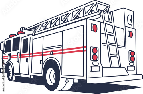 Retro Vintage Minimalist Vector Illustration of Firefighter Truck Vehicle, Lined Icon Design, Classic Emergency Rescue Fire Engine, Monochrome Fire Truck Symbol, Stylish Fire Department Graphic