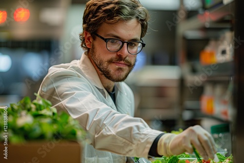 A chef is attentively arranging fresh greens and vegetables in a busy kitchen, ensuring quality and presentation for dinner service. The atmosphere is lively with preparation underway photo