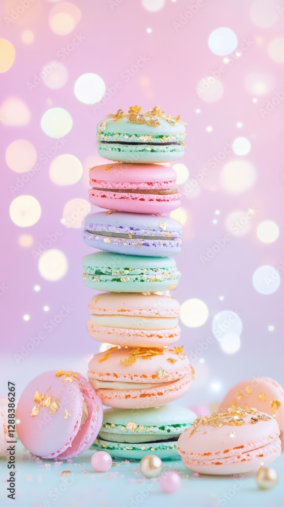 Elegant pastel macarons adorned with gold flakes, artfully layered on soft focus backdrop studded with delicate candy sprinkles Elegant pastel macarons adorned with gold flakes, artfully layered on soft focus backdrop studded with delicate candy sprinkles
