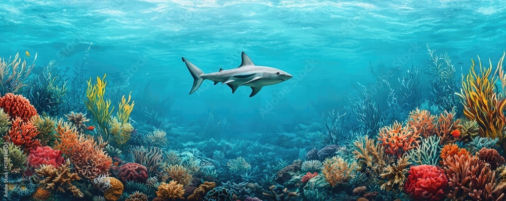Fototapeta premium Ocean acidification idea. A stunning underwater scene featuring a shark swimming among vibrant coral reefs.