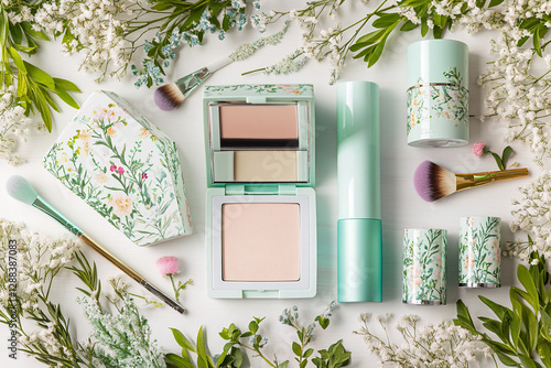 Light spring cosmetics set with floral elements and greenery photo