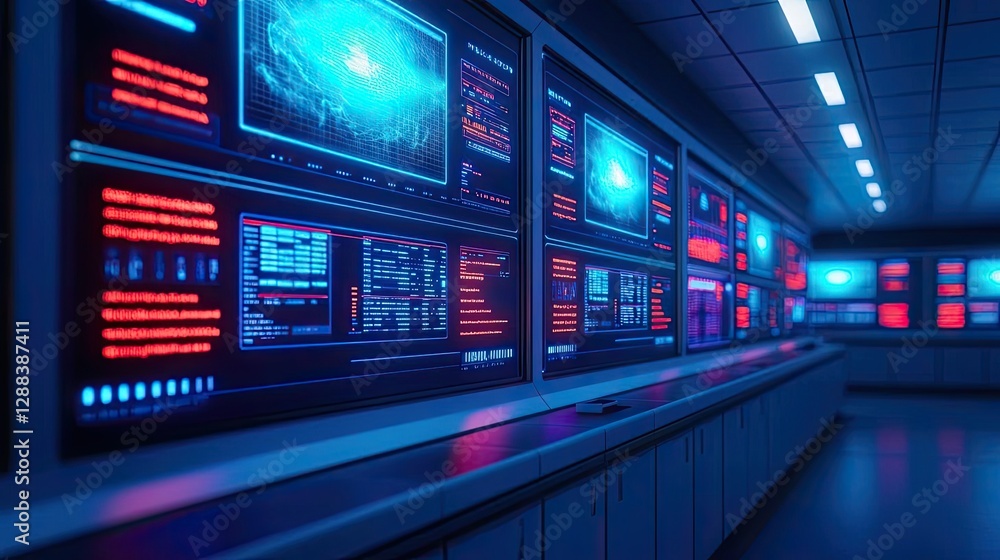 Ocean acidification idea. Futuristic control room with glowing screens and data displays in blue and red hues. Ocean acidification idea. Futuristic control room with glowing screens and data displays in blue and red hues.