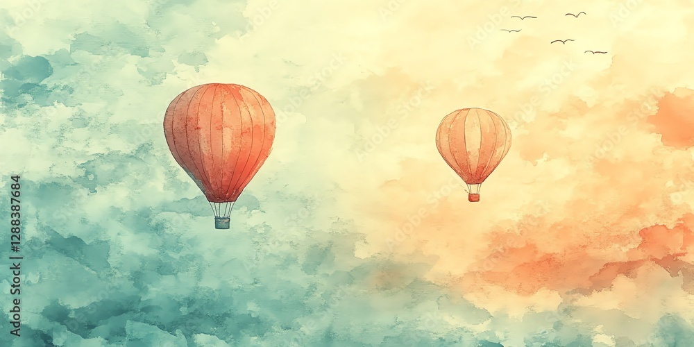 Obraz premium Hot Air Balloons Soaring Above Watercolor Sky with Birds Illustration