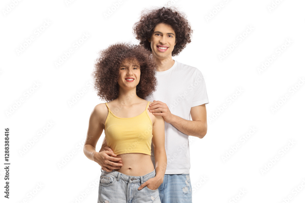 Young man and woman with curly hair smiling and posing Young man and woman with curly hair smiling and posing