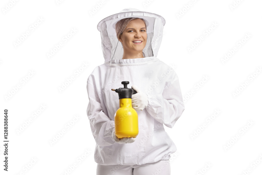 Female bee keeper in a uniform holding a sprayer Female bee keeper in a uniform holding a sprayer