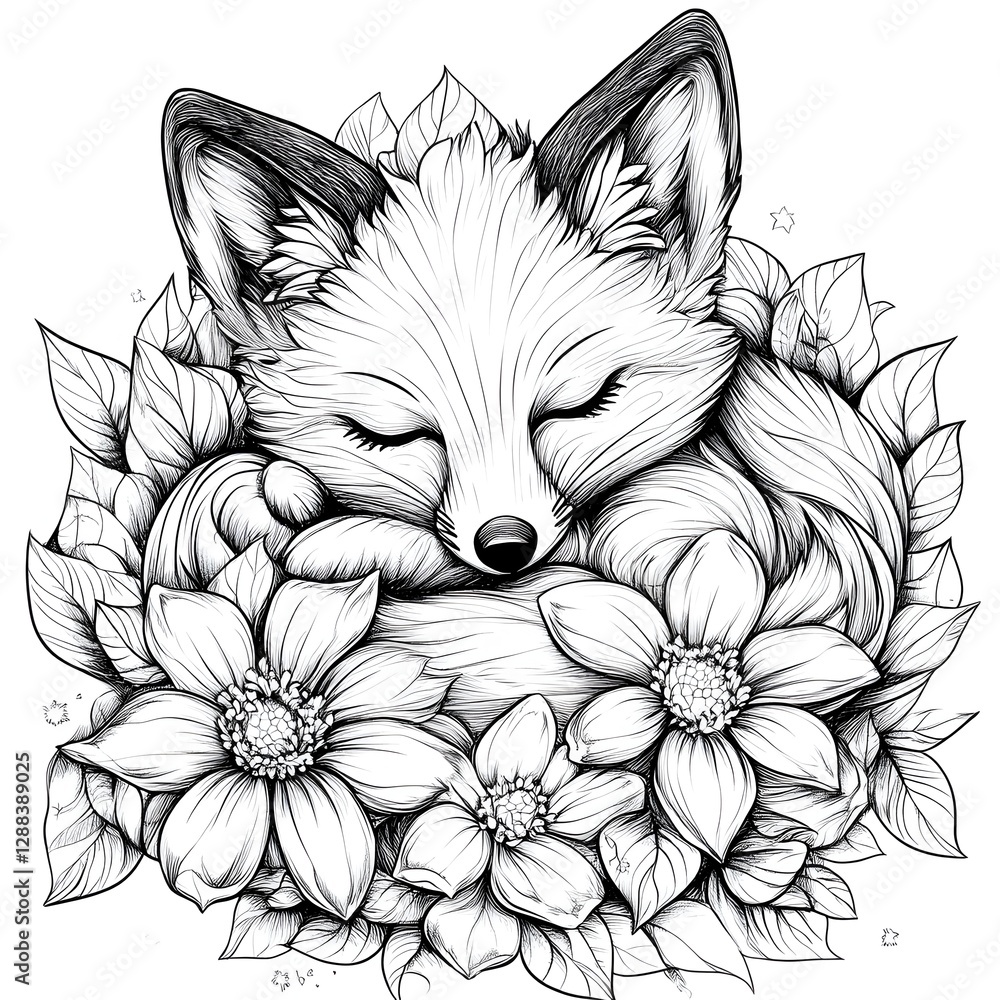 Obraz premium Intricate fox and flowers tattoo design featuring beautiful elements of nature and wildlife