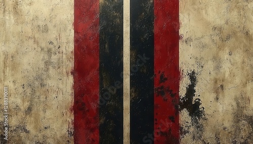 An abstract design featuring bold stripes of red, black, and beige colors on a textured surface, ideal for background imagery or artistic projects. Copy space, commercial use