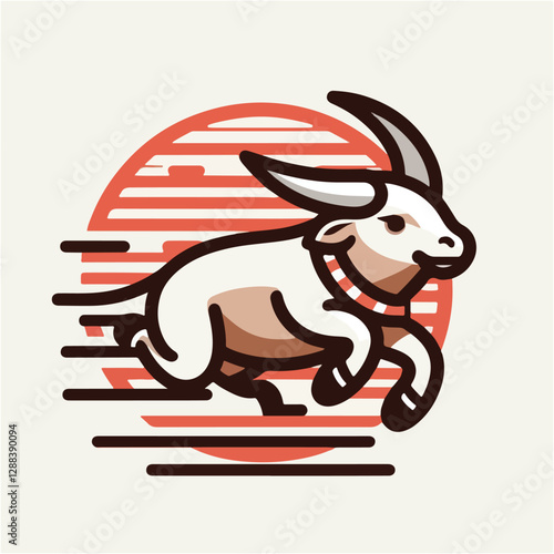 Dynamic Stylized White Bull Mascot Running Fast with Red Sun Background Power Speed and Aggression Vector Illustration