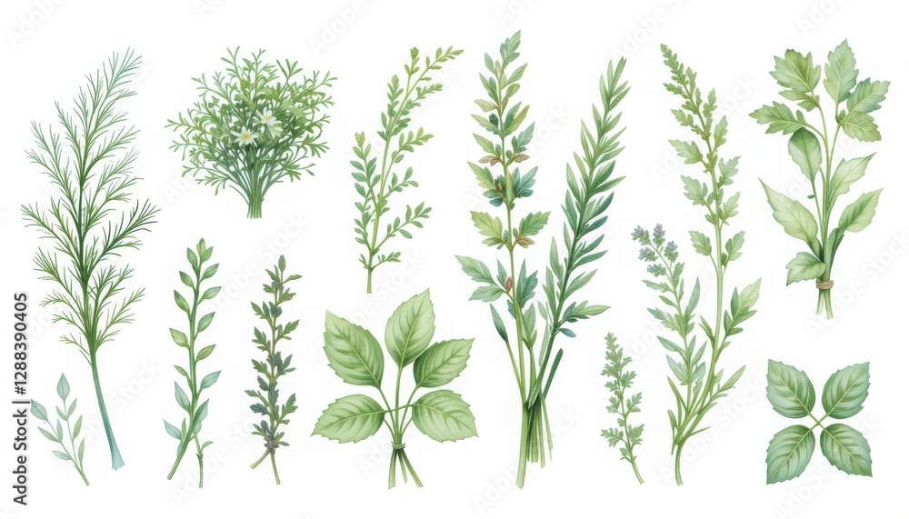 Obraz premium Assorted Green Herbs and Leaves Watercolor Illustration on White Background
