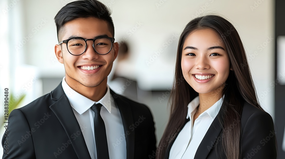 Young Japanese Professionals in Suits Smiling in Modern Office Setting Young Japanese Professionals in Suits Smiling in Modern Office Setting