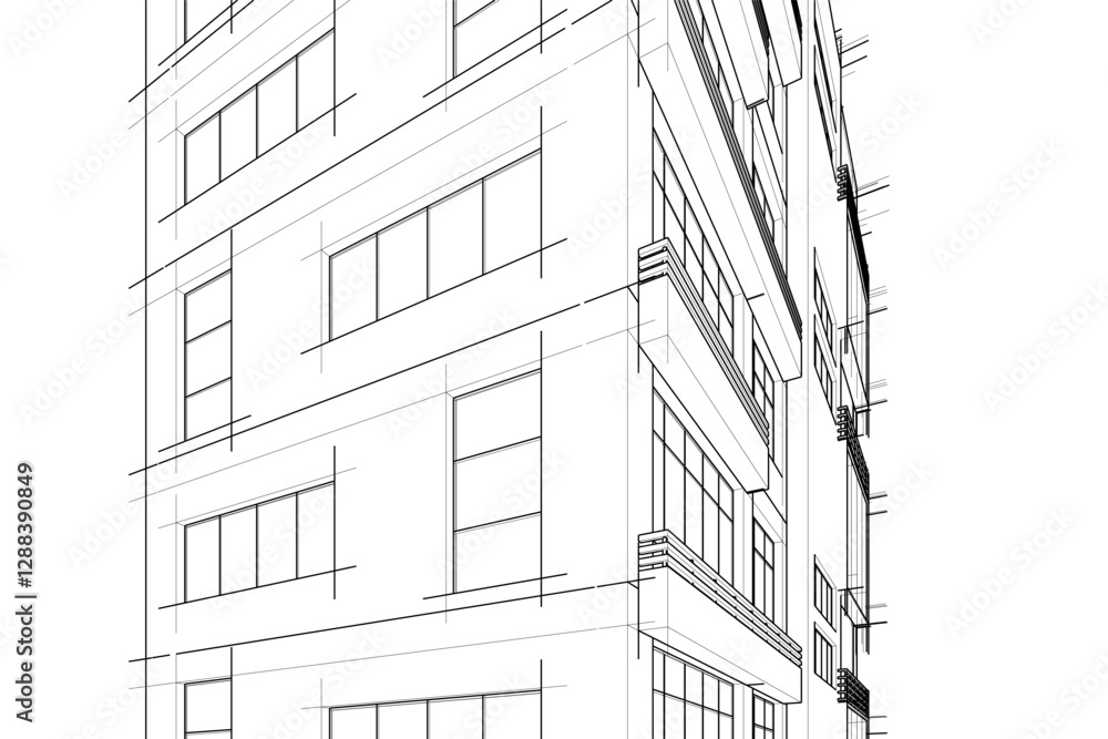 Fototapeta premium Modern Architectural Wireframe Sketch – Vector Blueprint of Contemporary Building