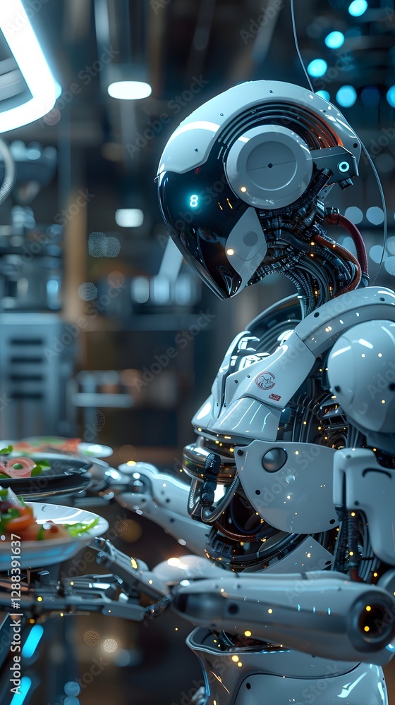 Fototapeta premium Futuristic Server Robot: A detailed shot of a sleek, futuristic robot serving a dish, its metallic body gleaming under the soft glow of the restaurant's lights.