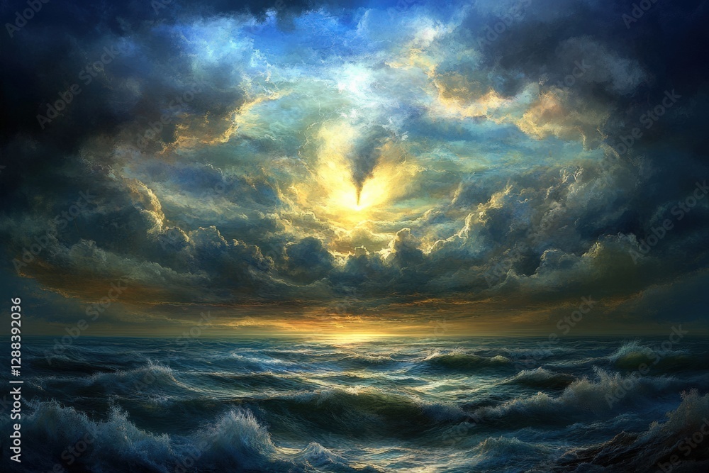 Fototapeta premium A dramatic tornado is forming over the ocean at sunset with turbulent clouds and rough waves. Generative AI