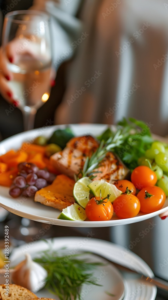 A Culinary Presentation: A close-up view showcasing a beautifully arranged platter of gourmet food, held gracefully by a person and paired with a glass of wine. A Culinary Presentation: A close-up view showcasing a beautifully arranged platter of gourmet food, held gracefully by a person and paired with a glass of wine.