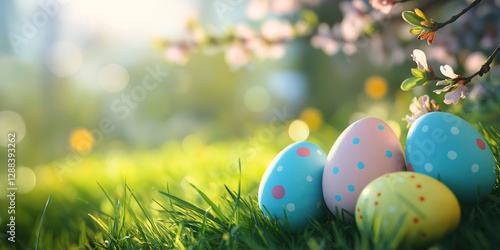 colorful easter eggs on a spring background with copy space for text