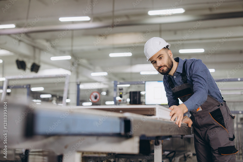 Factory male worker checking aluminum window frame on production line Factory male worker checking aluminum window frame on production line