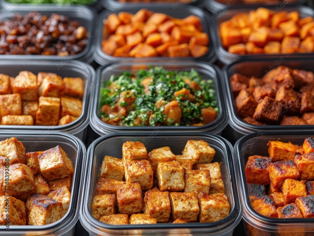 Obraz premium Meal Prep: Delicious and Healthy Tofu, Sweet Potato, and Chickpea Dishes in Containers